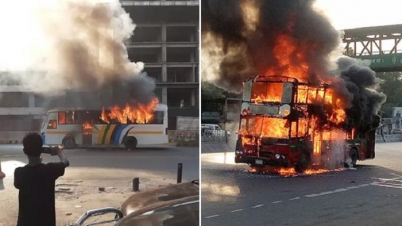 রাজধানীতে হঠাৎ ২ বাসে আগুন রাজধানীতে হঠাৎ ২ বাসে আগুন